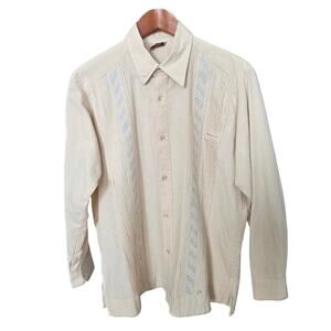 Vintage 100% Linen Hand-Embroidered Guayabera Shirt Cream Size 42